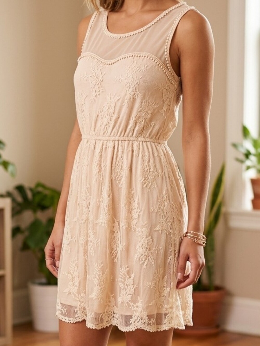 Pinky Pale Peach Lace-Trim Tank Dress